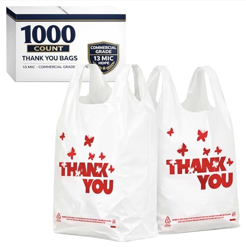 YoYoRain 1000 Count White Thank You T-Shirt Bags, 11 x 6 x 21 in | Durable HDPE with handles, Thank You print, reusable &amp; disposable for grocery, retail, takeout and small business