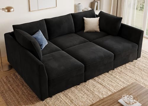 Image of HONBAY Modular Velvet Sleeper Sectional Sofa with Storage,Black | Easy to assemble,Hidden Storage,Removable Cushion,Sectional Couches for Living Room,Pet-friendly Fabric