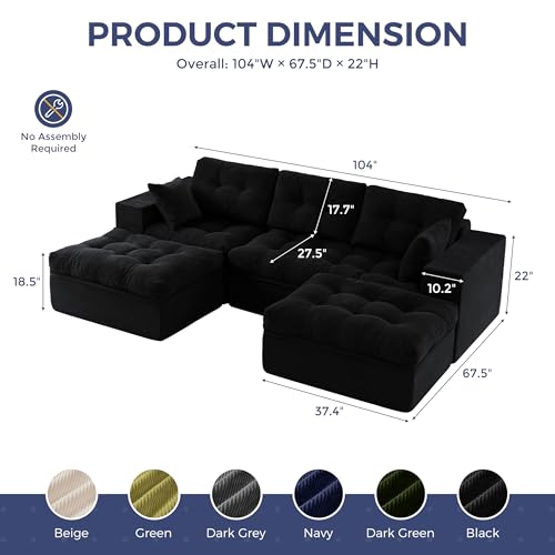 Image of MAXYOYO 104 inch U Shaped Modular Sectional Sofa with 2 Ottomans, Cloud Boneless Couch with Layered Cushion, Flexible Module Combination Sofa for Living Room, No Assembly Required, Black