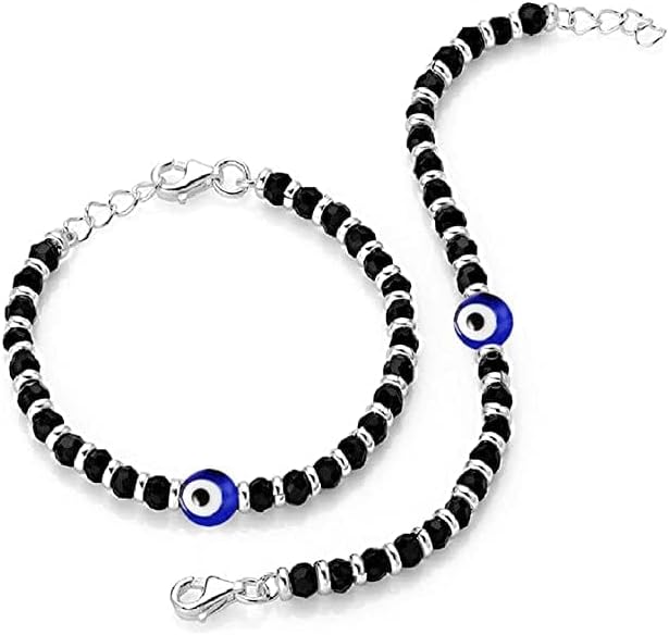 Exclusive German Silver Charm Evil Eye Nazariya Bracelet with Black & Silver Beads (Crystal) for Baby Boys & Girls| Adjustable Protection Bracelet for Newborns & Toddlers (AT KIDS 004)