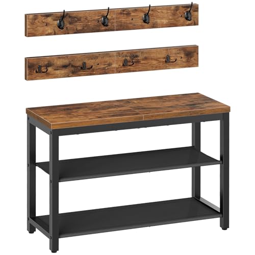 HOOBRO Hall Tree with Bench, Shoe Rack with Coat Rack, Entryway Bench with Coat Rack, Coat Rack with Shoe Storage, with 2 Oxford Fabric Shelves, Mud Room, Industrial, Rustic Brown and Black BF77MT01