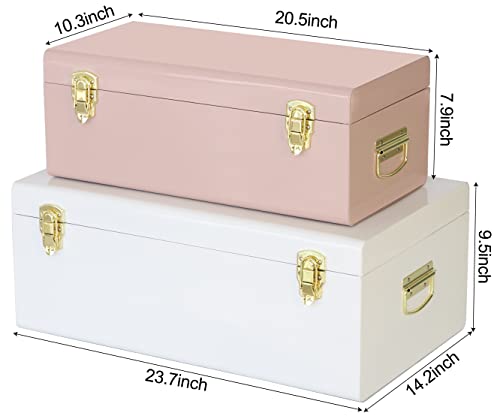 Image of Vixdonos Metal Trunks College Dorm Steel Chests Decorative Storage Box Set of 2 Bedroom Organizer for Home Decor,23.7X14.2X9.5 Inches(Pink and White)