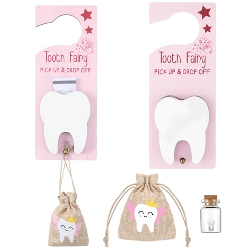 Image of DoubleFill Fairy Tooth Gift Holder Bag Door Hanger Lost Teeth Keepsake Box Tooth Fairy Kit Stores Back to School Gift for Lost Teeth Boy Girl Primary School Classroom Gifts(Classic,Pink Brown)