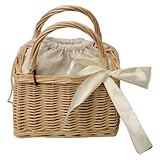 Cesta de Cosecha, Bolso de Mimbre, Cesta de Mimbre Tejida Natural con asa y Lazo, Picnic portátil para Mujer, con asa