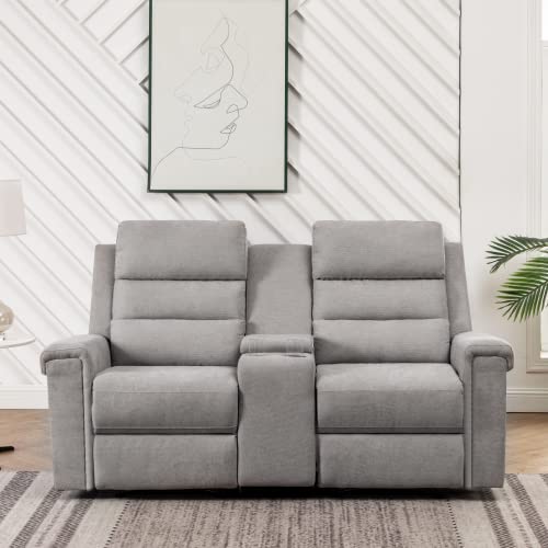 Mellcom Linen Reclining Console Loveseat, Manual Reclining Home Theater Seating, Upholstered Sofa Recliner Chair With Storage Console Cup Holder, Arm Chair For Living Room Bedroom, Gray #TOP1