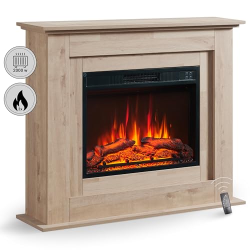 Balderia Chimenea Eléctrica De Pie Finn Efecto De Llama 3d Calentador, Calefacción 2000 W Mando A Distancia, Control De Arranque Adaptativo, Temporizador, Termostato Roble Claro
