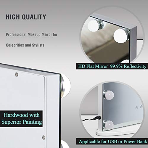 LUXFURNI Vantity Tabletop Makeup Hollywood Mirror Dimmable Light Touch Control 18 Cold/Warm LED Lights, Detachable 3X Magnification Mirror