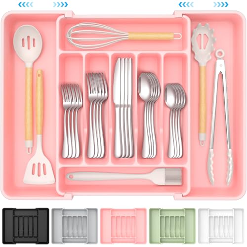 Extra Large Expandable Silverware Organizer, BPA-Free Food-Safe Cutlery Flatware Organizer, Kitchen Utensil Drawer Organizer, Adjustable Silverware Holder for Spoons Forks Knives, Pink