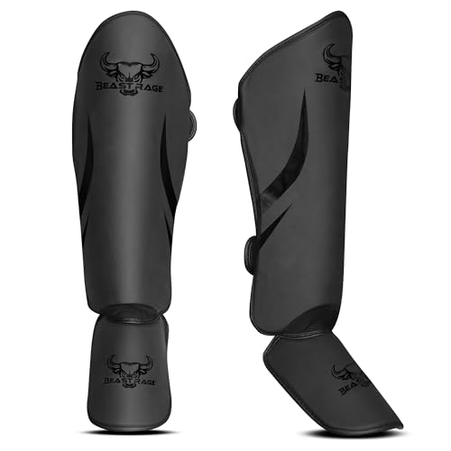 Beast Rage Espinilleras de Muay Thai para artes marciales mixtas, kickboxing, artes marciales, duraderas, con protección para el empeine del pie, ajustables, ajuste seguro, espinilleras protectoras de