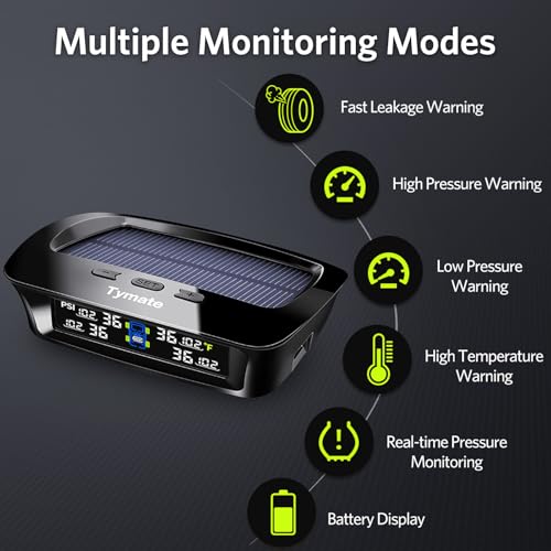 Tymate TM3 RV Tire Pressure Monitoring System, Tire Pressure Monitor with Solar Charge, TPMS with 4 Sensors(Max to 10) & 6 Alarm Modes, 2024 Updated w/Color LCD Display, 0-87PSI for RV/Trailer/Truck - Image 4