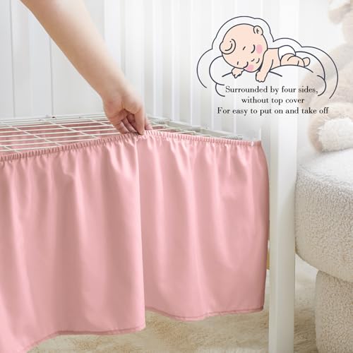 Image of Horbaunal 2 Pack Set Crib Skirt & Crib Bed Sheet, Pink Crib Bed Skirt 28 inch x 52 inch with 14 inch Drop Dust Ruffle, Soft Microfiber Toddler Bedskirt Nursery Bedding Skirt for Baby Girls and Boys