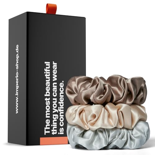 IMPERIO Scrunchies de Seda en Exclusiva Caja de Regalo - Coleteros Pelo Mujer Premium de 100% Pura Seda de Morera en Calidad 22 Momme - Suave para el Cabello Contra Rotura (Chic)