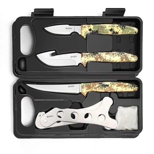 GVDV Hunting Knife Set - Deer Field Dressing Kit, Game Processor Set With Gut Hook Skinner, Spreader, Gloves - 6 Piece Butcher Gear for Men
