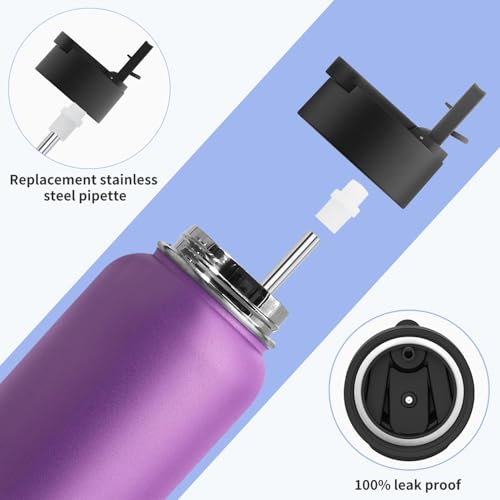 Image of Koodee 32 oz Water Bottle with Wide Handle Straw Lid, Vacuum Insulated 18 /8 Stainless Steel Wide Mouth Flask (Purple)