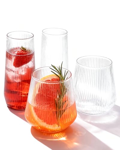 BESTSTAR 48 Pack Disposable Ribbed Origami Ripple Plastic Glasses Set - 24 9 OZ Stemless Champagne Flutes & 24 12OZ Cups BPA-Free Shatterproof Clear Drinkware for Weddings Parties & Events (Clear)
