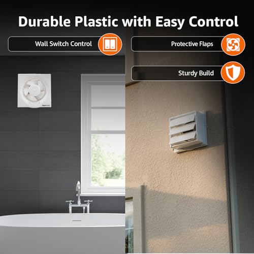 Image of Amazon Basics Ventilation 8 inch Fan | 40W | 5 Blades | 200 mm Sweep | 2.3 dB Low Noise | Window Mount | Wall Switch Control | White Plastic