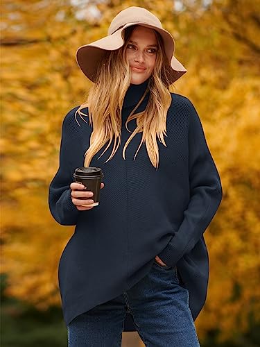 Image of ANRABESS Women's Sweaters Casual Long Sleeve Cowl Neck Solid Color Pullover Knit Sweater Tops A87zanglan-M Navy Blue