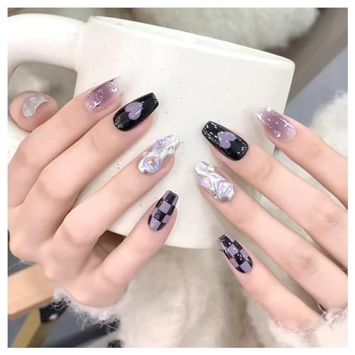 ネイルチップ つけ爪 ネイルチップ ロング 黒 24枚入 3D爪 簡単オフネイル ビーズ 量産型 地雷系 韓国 つけ爪 偽の爪 リボン おしゃれ 人気 簡単に貼る 耐久 便利 nail かっこいい 両面テープ48個付き 12サイズ24枚入