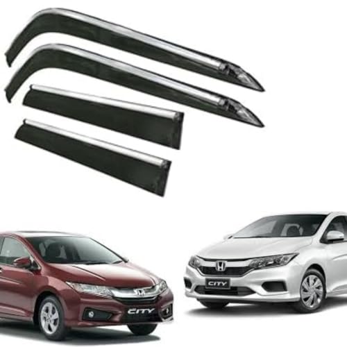 Image of CAR SAAZ Side Door Visors for City I Dtech(2014-2016)(Set of 4Pcs)|Chrome Lined Rain Guards, Polycarbonate, Smoke Finish