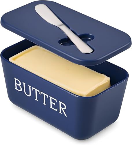 Image of Kyraton Large Plastic Butter Dish with Lid and Knife, Food Grade PP Butter Holder Keeper with Cover for Kitchen Refrigerator Butter Container (Blue)