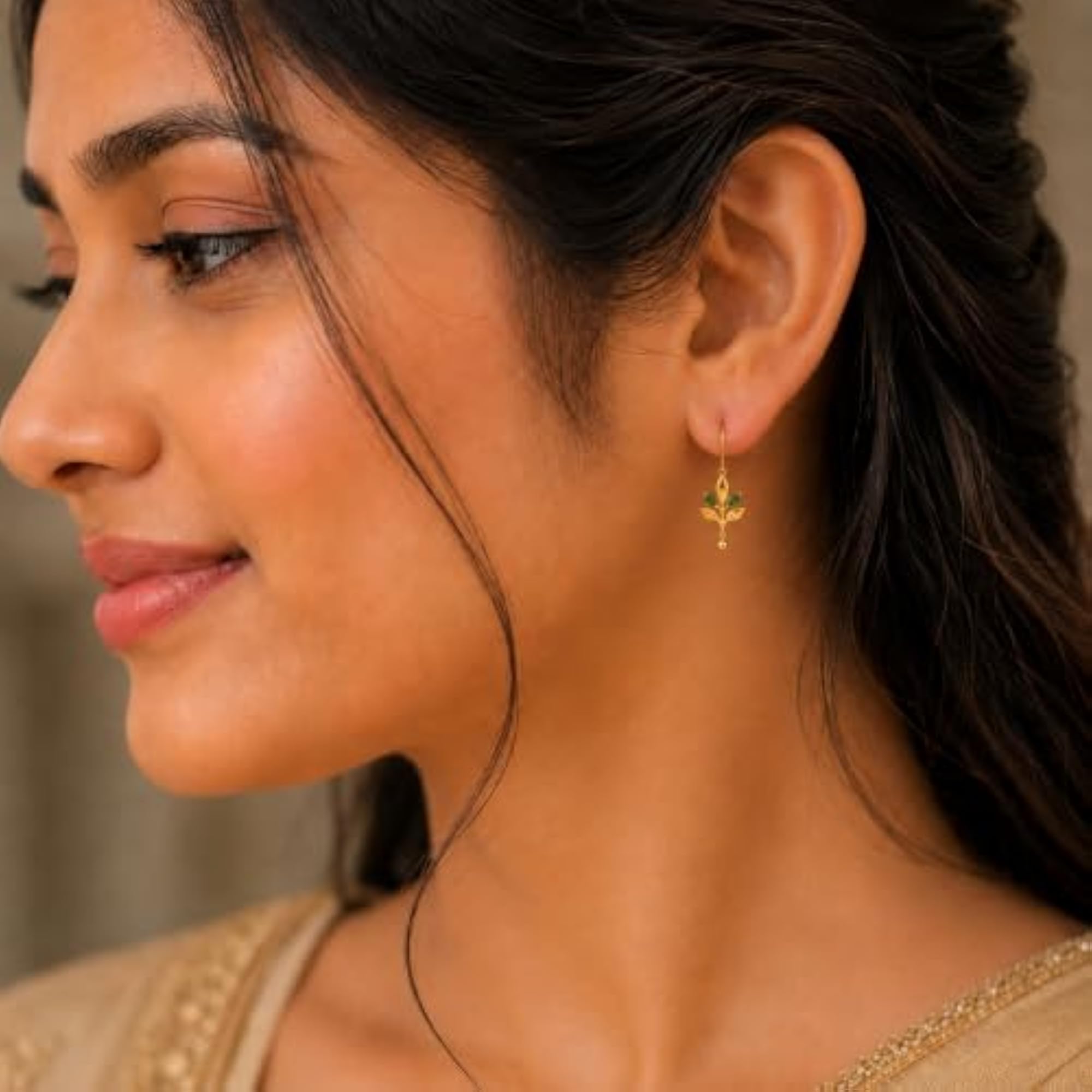 9KT Gold Green Leaf Branch Drop Earrings