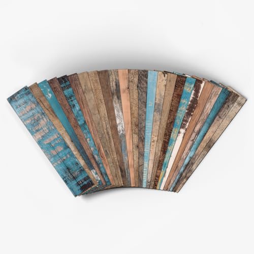 SiTiKi 24pcs Self-Adhesive Backsplash Rustic Wood Grain Vinyl Foam Stickers - Waterproof, Easy to Apply, Removable Peel & Stick Wallpaper for Ceiling Wall DIY Decor 4x20 Inches (JMBSDKCFT07)