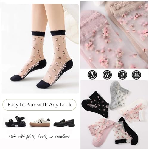 DXYAKY 5 Pairs Sheer Floral Socks for Women, Embroidered Mesh Lace Ankle Socks, Breathable Summer Cute Transparent Stockings4