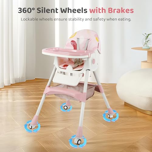 Image of 6 in 1 Baby High Chair Foldable Portable High Chairs for Babies and Toddlers Adjustable Height and Backrest with Footrest and Wheels