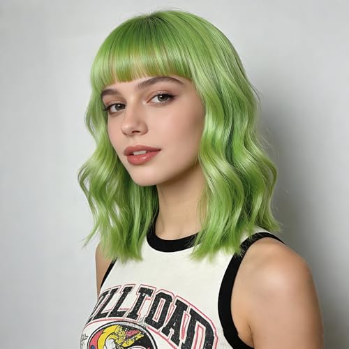 Image of QUEENTAS 14 Inch Short Wavy Green Bob Wig for Women with Bangs Glueless Synthetic Hair Natural Looking for St Patrick's Day Halloween Cosplay