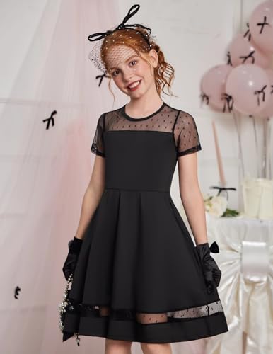 Arshiner Tween Girls Dress Formal Contrast Mesh Short Sleeve A Line Party Dresses with Pockets for 5-12 Years4