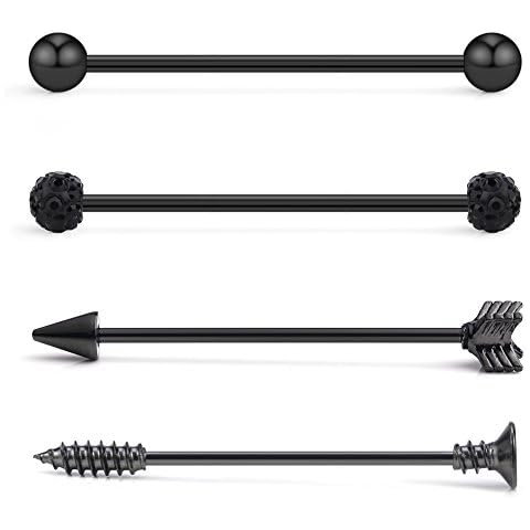 Ruifan 4PCS 14 Gauge Ball Arrow Screw Crystal Ball Industrial Barbell Cartilage Earring Body Piercing Jewelry 1 1/2Inch (38mm) - Black Cover