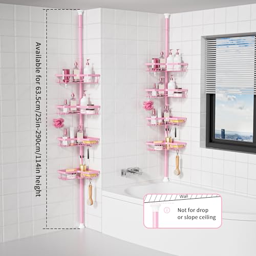 Image of KEGII Shower Caddy Tension Pole, 4-Tier Rustproof Adjustable Corner Bathroom Organizer for Renters, 25-114.2 Inch No Drill Space-Saving Shower Storage Rack, Pink