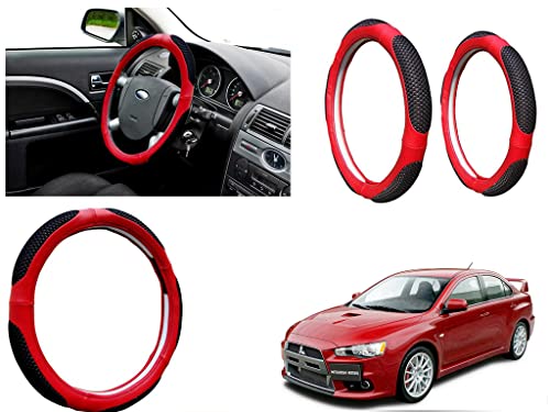 Image of Microfiber Car Steering Wheel Cover, Soft Padding Great Hand Feel, Anti-Slip, Faux Leather Steering Cover for Mitsubishi Lancer | Black Red Jali - Pack of 1