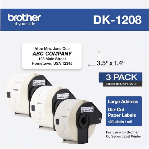 Image of Brother Genuine DK-1208 Die-Cut Large Address Labels, Long Lasting Reliability, Die-Cut Large Address Paper Labels, 400 Labels per Roll, (1) Roll per Box - DK1208, White (DK12083PK)