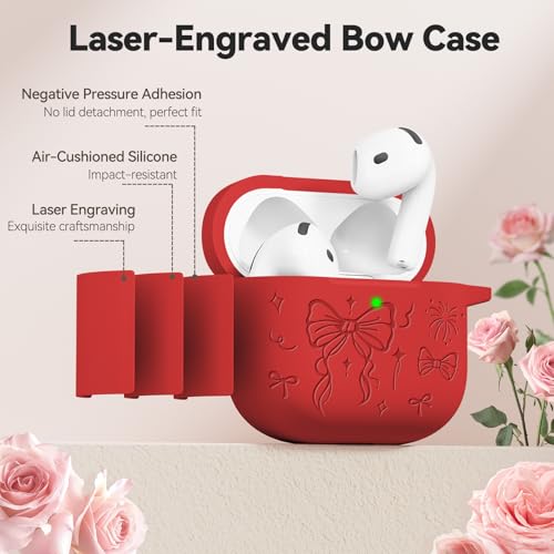 Joremx for Airpods 4 Case Cover, Joremx Cute Bow Engraved Silicone Protective Case Cover with Keychain, Cleaner Kit for AirPods 4th Generation Case 2024 (Red) by joremx - Image 6