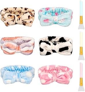 metagio 6 Pack Spa Makeup Headbands, Super Absorption Hair Bands Elastic Coral Head Wrap Adjustable Soft Facial Headband with 3PCS Silicone Brushes