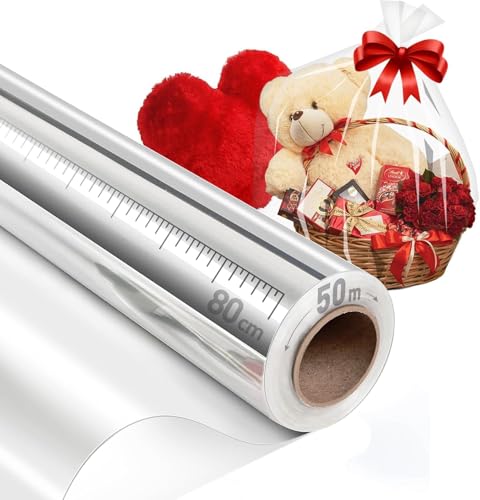 80 Cm X 50 M Celofán Para Envolver Regalos, Cestas Y Decoración De Flores,Rollo De Polipropileno Transparente Con Grosor 35 Micras Transparente, 80 Cm X 50 M