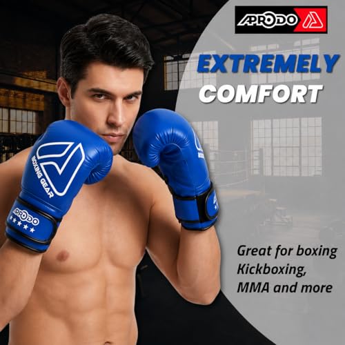 Image of APRODO Beginner Boxing Gloves for Kids & Adults - Men & Women Training, Sparring & Heavy Bag Gloves - Durable PU Leather with Wrist Support (Blue /White, 6oz)