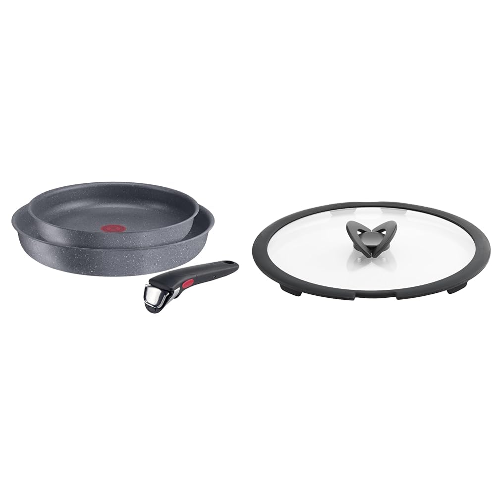 Lagostina Ingenio Mineralis Eco Set Padelle Antiaderenti in Alluminio 100% Riciclato & Ingenio Induction Coperchio in Vetro e Silicone, Nero e Trasparente, 28 cm