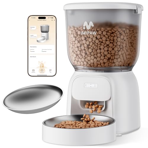 IMIPAW PET Automatic Cat Feeder WiFi: 5G Smart Auto Pet Feeder with App Remote Control- Timed Feeding Cat Food Dispenser with Airtight Lock-Fresh- Easy to Clean& Dual Power Supply with Stainless Bowl