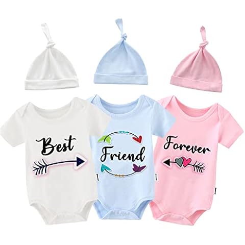 QIANWANYI Baby Triplets Bodysuit Best Friends Forever Newborn Twin Clothes Boys Romper Girls Outfit With Hat Set, With Wbp, 0-3 Months Cover