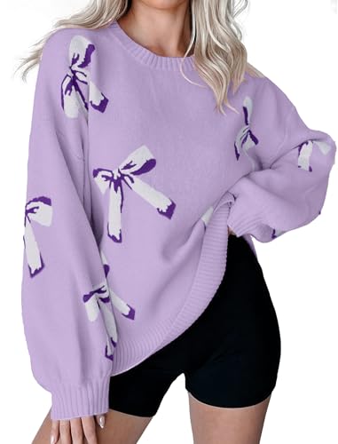 Image of Libsorge Womens Oversized Cute Bows Crewneck Cozy Pullover Sweater | Fall Winter Trendy Long Shoulder Balloon Sleeve Knit Baggy Printed Dressy Casual Valentines Day Vintage Sweaters