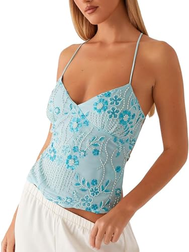 SUIUOI Dam rygglös halterneck topp – sommartoppar Y2K glitter crop top med paljetter, blombroderi och pärldetaljer, sexig topp med snörning, blå, M