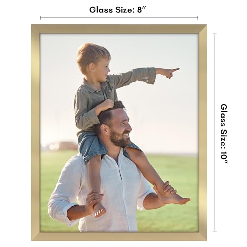 Americanflat 8x10 Picture Frame with Shatter-Resistant Glass - Streamline Collection - Thin Border Picture Frame for Tabletop and Wall Display - Hanging Hardware and Easel Stand Included - Gold
