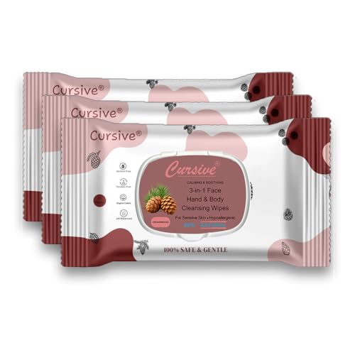 Image of Cursive Refreshing Face Wipes Daily Cleansing Facial Wipes 25N Each - Pack of 3 | Wet Wipes for Face | with Cedarwood & Vitamin E | Makeup Remover Wipes | Body wipes for women Men | Paraben & Alcohol Free | With Lid