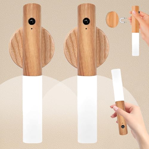 2 Piezas Lampara Inalambrica LED Pared, Luces De Pared Magnéticas Recargables USB, Con Sensor De Movimiento, Para Dormitorio, Pasillo, Escalera (Arce Blanco)