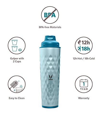 Image of VAYA DRYNK Stainless Steel Water Bottle for Office, 600ml Insulated Water Bottle with Sipper, Gulper Lid, and 2 Tumblers, Hot and Cold Thermos Flask for Adults, Leakproof Travel Bottle,Blue