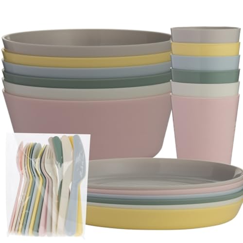 Envenzo 36-Piece Dinnerware Set for 6 – Plastic Plates, Bowls, Mugs & Cutlery, BPA-Free, Durable, Reusable & Lightweight for Everyday, Camping, Picnic & Outdoor Dining