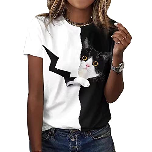 EGSDMNVSQ Femme T Shirt Chat Imprimé Tops Haut à Col Rond Manche Courte Sweatshirt Chemises avec Chat Motif Blouse Décontracté Casual Slim Pullover