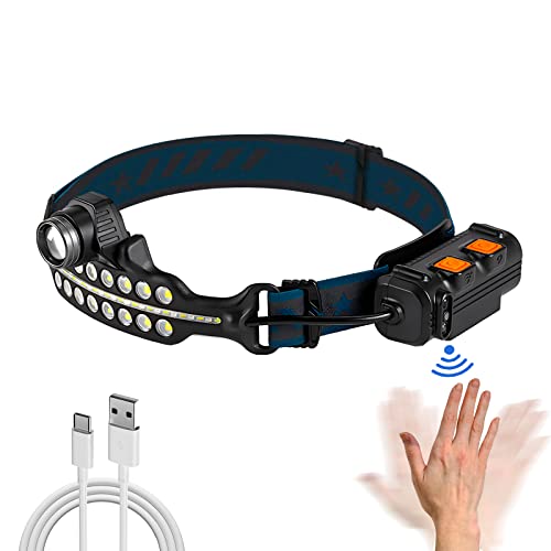 LHOTSE LED Rechargeable Headlamp, 230° Brightbeam Headlamp Rechargeable, LED Strip Headlamp Flashlight with Motion Sensor, 10 Modes Waterproof LED Headlamp for Camping,1 Pack (2 lamp+5 Spotlight)